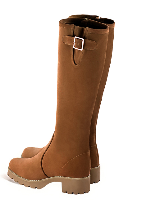 Caramel brown women's knee-high boots with buckles.. Made to measure. Rear view - Florence KOOIJMAN